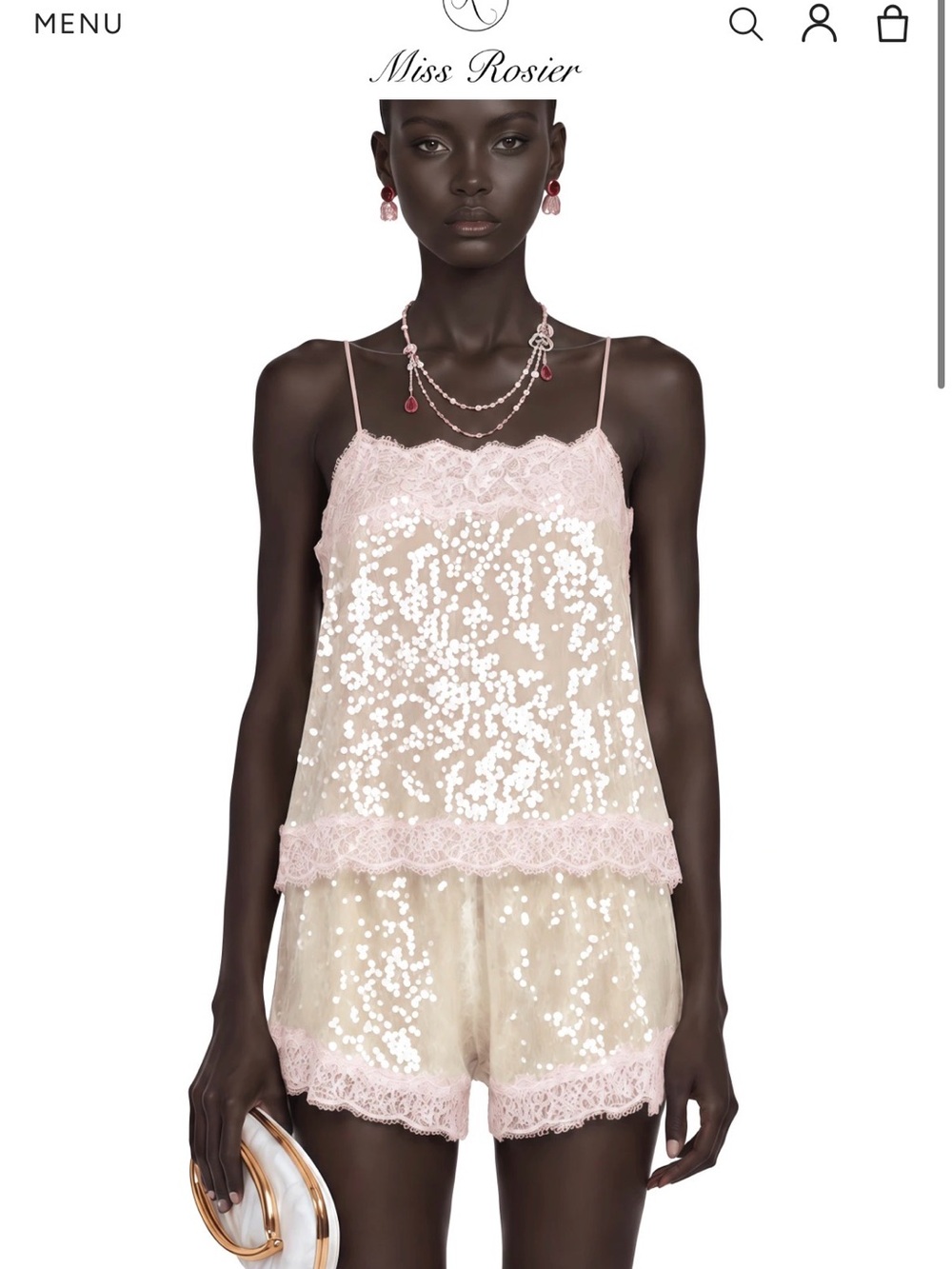 Fiona Neutral Sequin Top & Shorts Set with Lace Trim